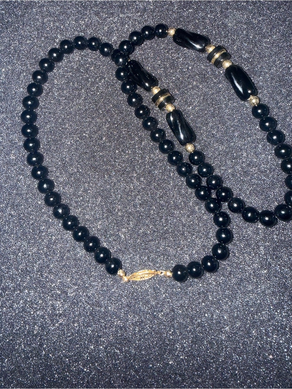 Vintage Black Beaded Necklace with Gold Accents